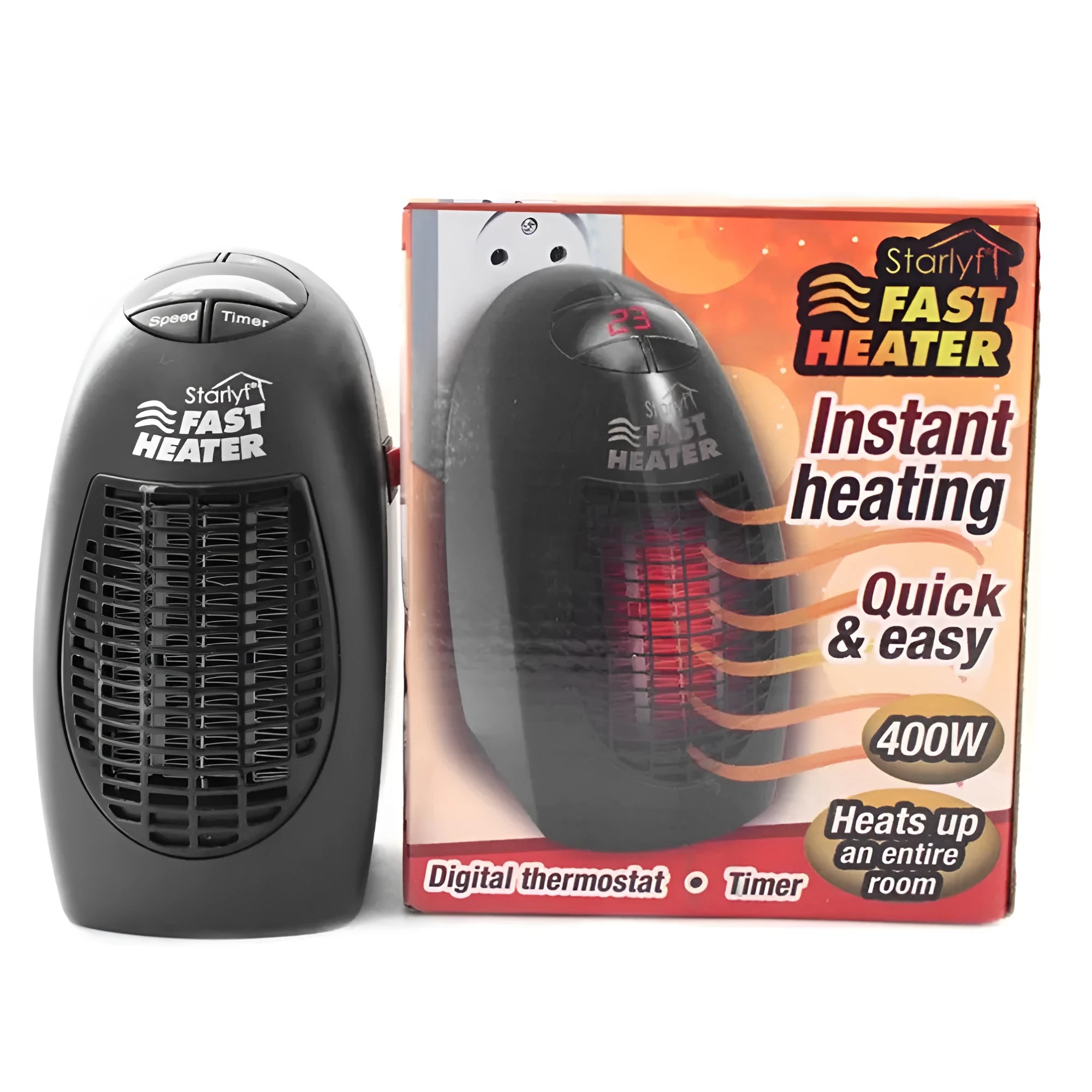 Black compact ceramic electric heater with digital display and a rotating plug on a desk.