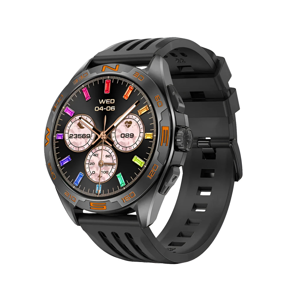 Smart watch for men displaying health metrics on an IPS screen, shown in black steel finish.