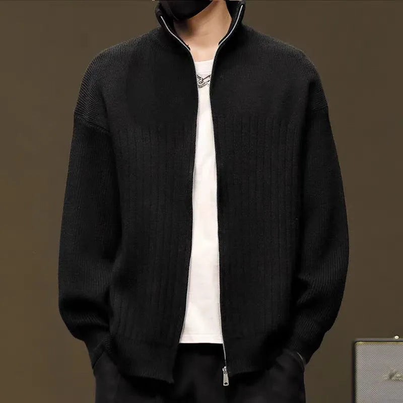 Men's striped cardigan sweater in gray with loose fit, long sleeves, and button front