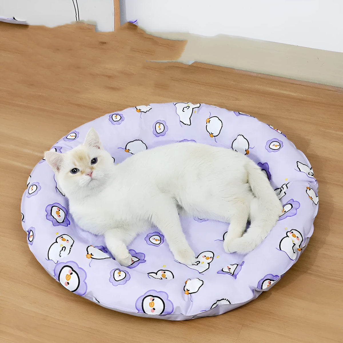 Round pet ice mat in soft ice material with cartoon print, cooling bed for dogs, puppies, and cats in summer.