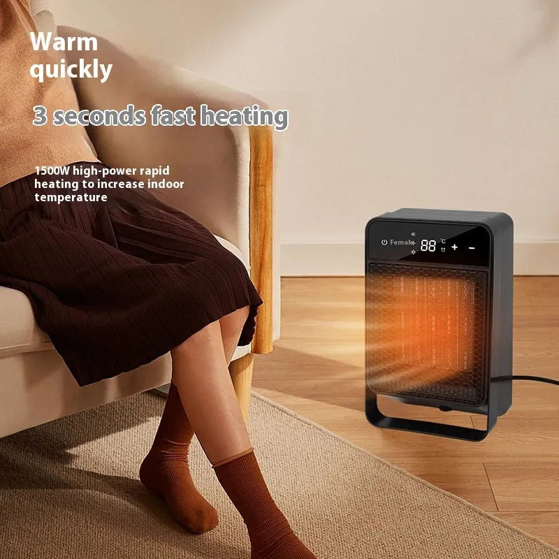 Black desktop electric heater with digital touch screen display and remote control on wooden desk