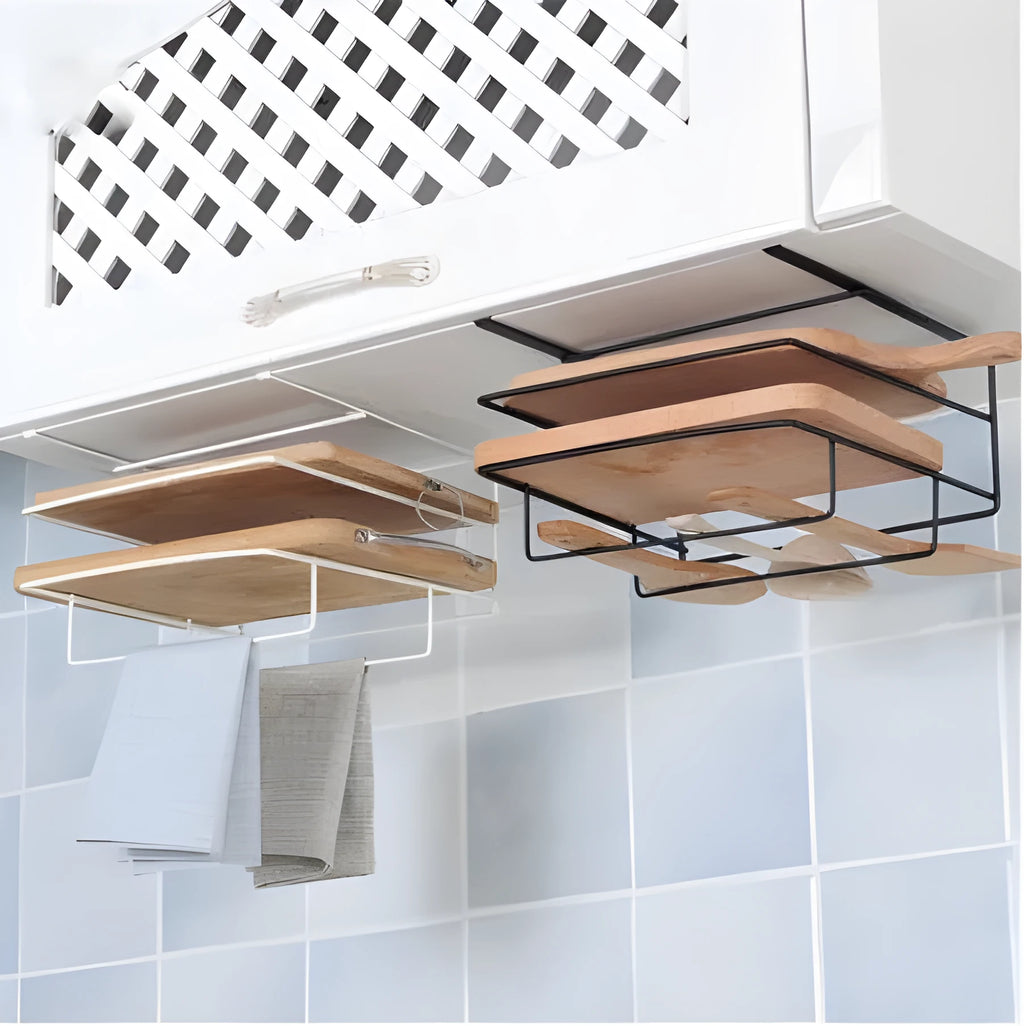 Double layer iron kitchen rack in black or white for hanging towels, chopping boards, and cloths without nails or drilling