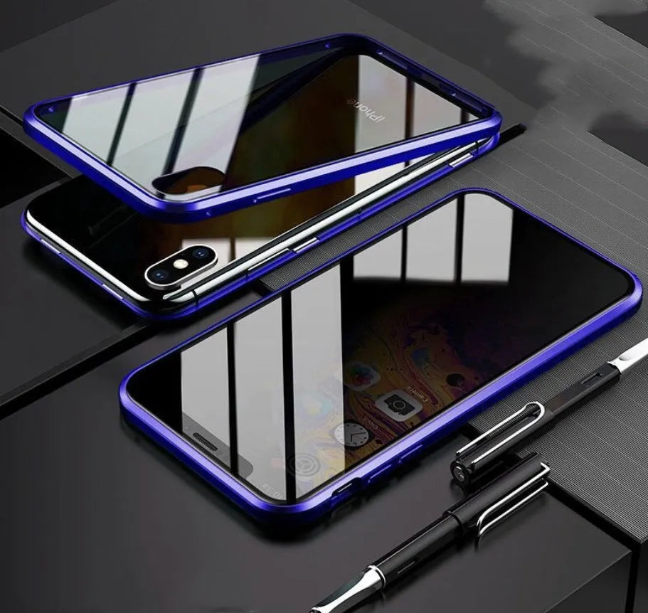 Glass clamshell anti-spy phone case for iPhone in geometric design, shown in black, silver, red, gold, green, and blue colours.