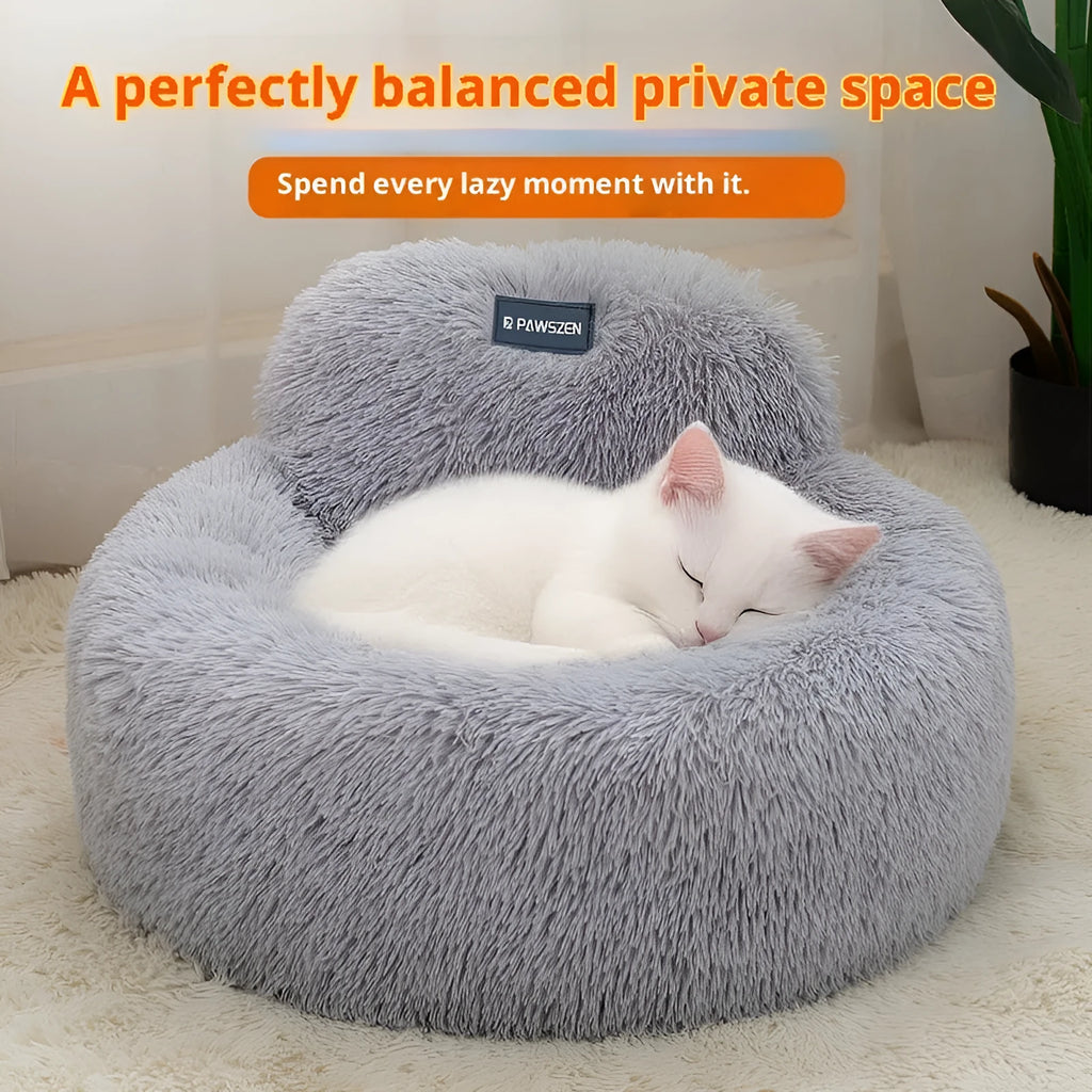 Light gray cat bed kennel with long wool backrest on floor, 65cm diameter