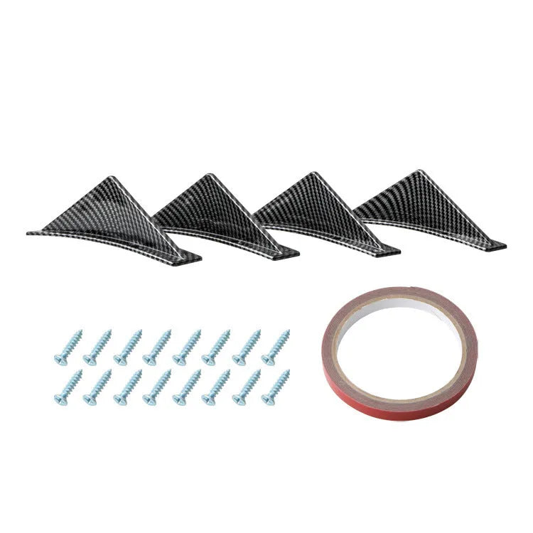 Set of four universal triangle car rear spoilers in ABS plastic, shown in bright black and carbon fibre finishes.