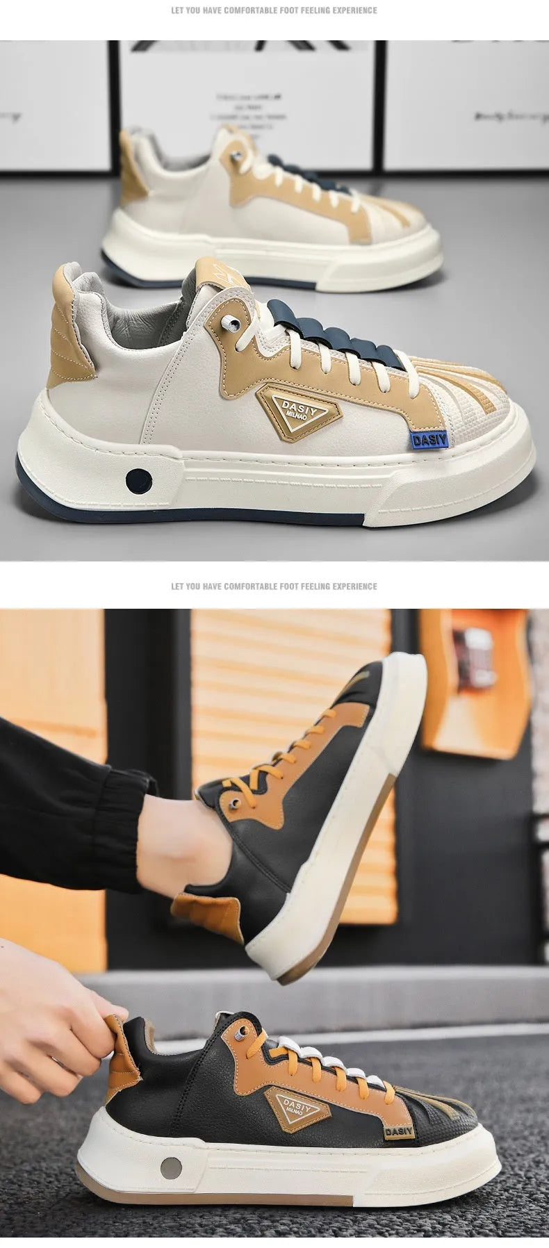 Men's beige low-top casual sneakers with elastic band and round toe on a white background.