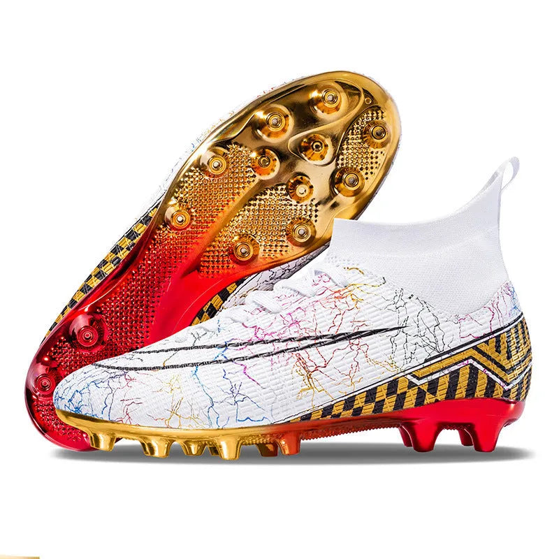 Men's high-top synthetic leather soccer shoes with a gold-plated sole, shown in mandarin duck colour with lace-up front.