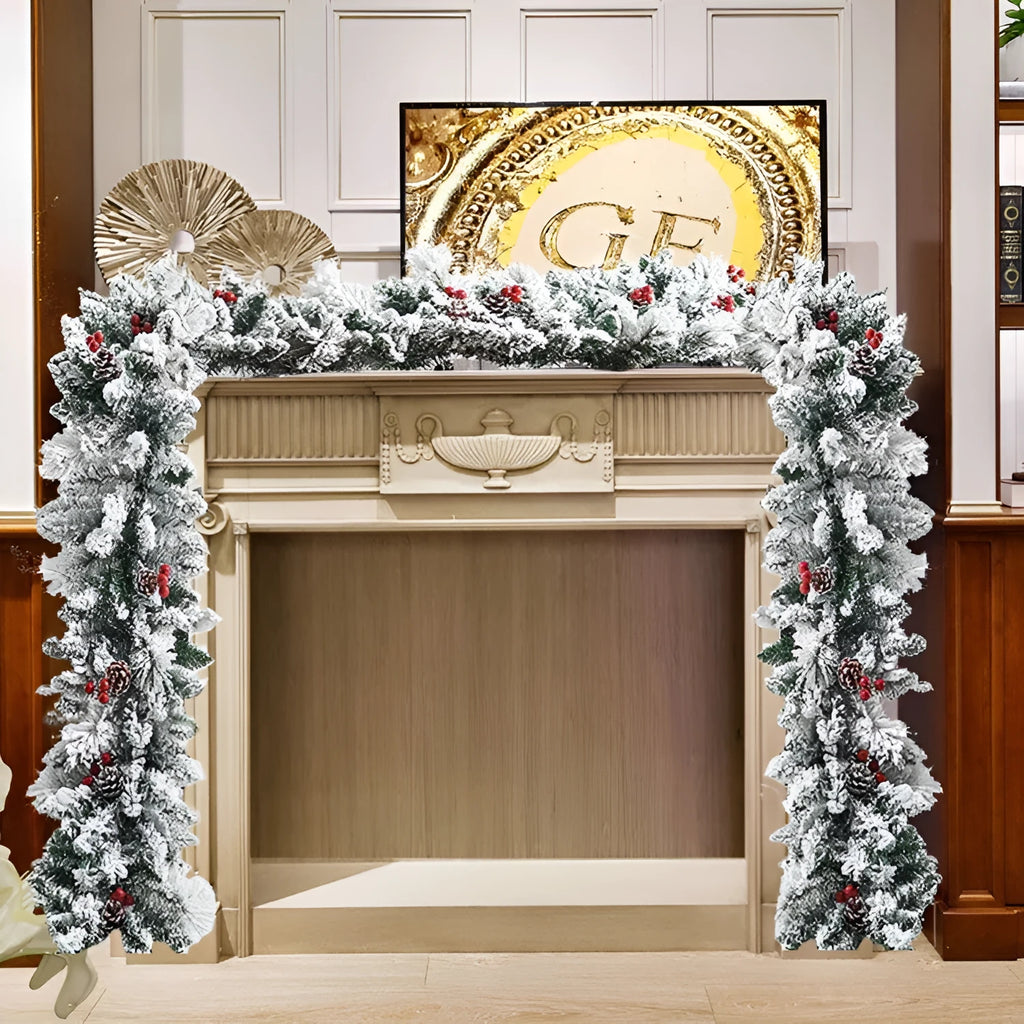 Christmas rattan garland with flocking snow effect in American rustic style, available in three length options