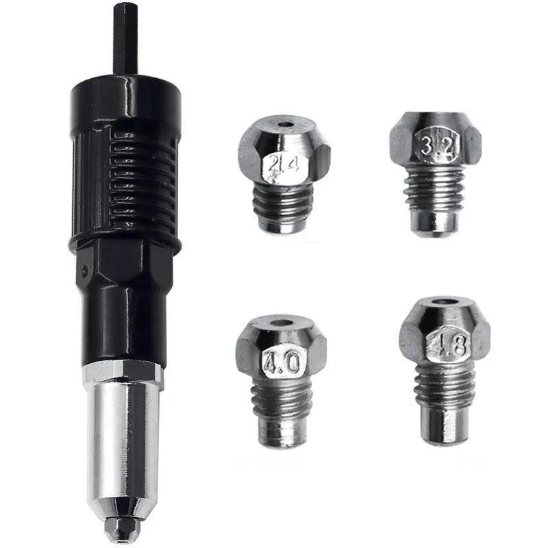 Black metal electric drill rivet gun with handle and wrench, 173mm long.