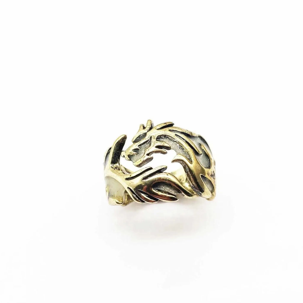 Adjustable Chinese dragon ring with luminous pattern in antique silver blue and green colour