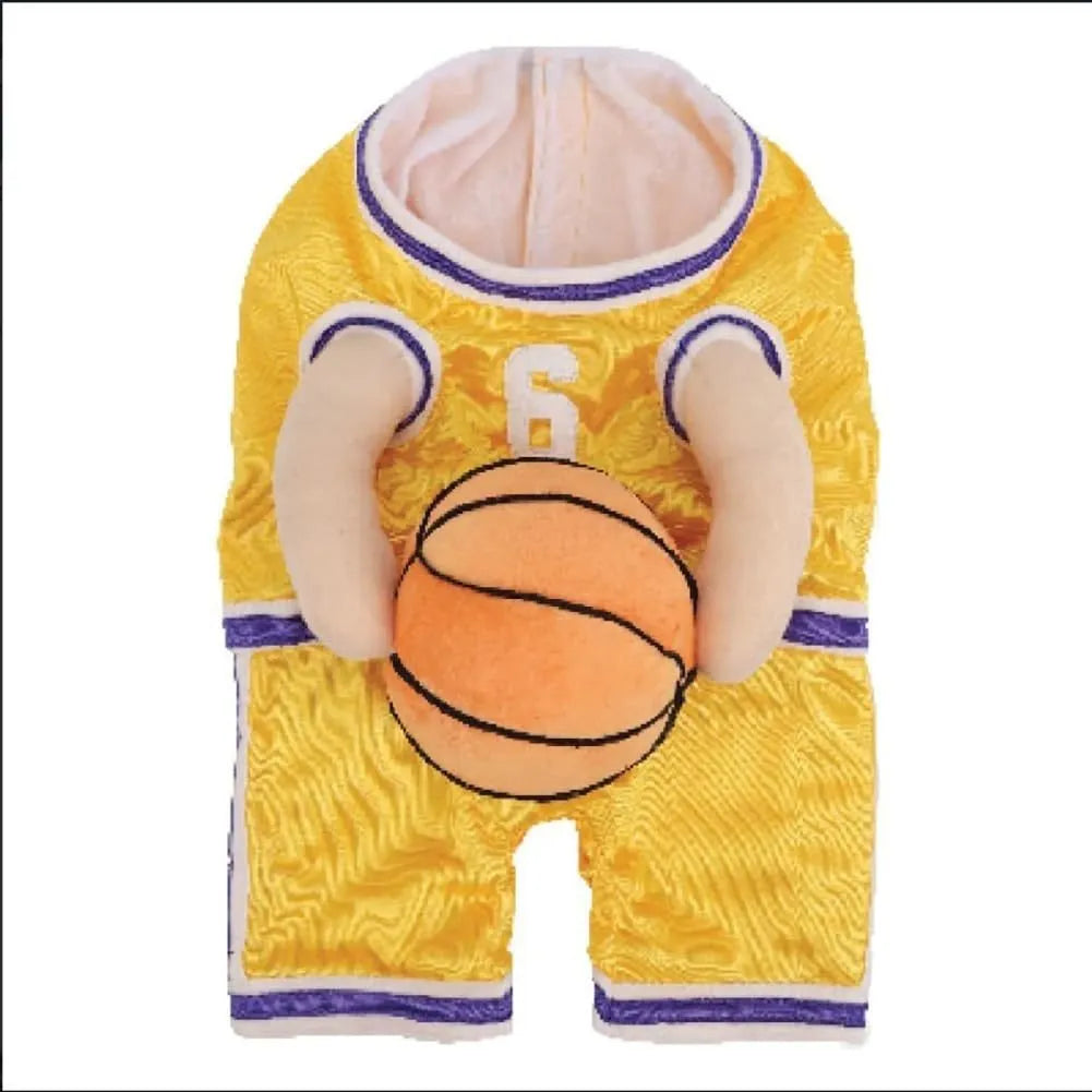 Dog wearing red basketball costume with matching ball accessory