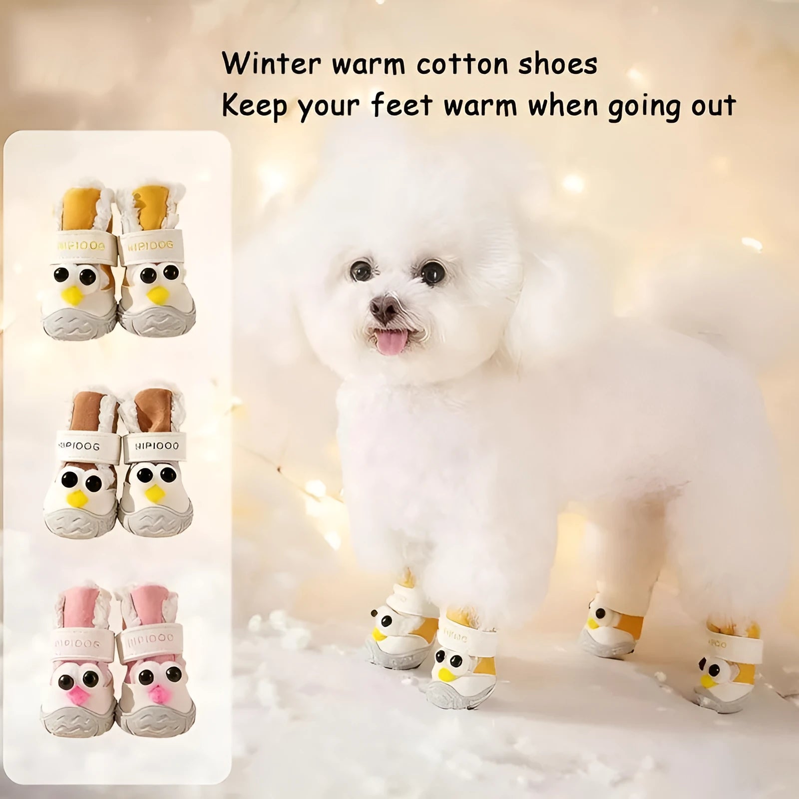 Brown winter dog shoe with thick cotton upper and anti-slip rubber sole on snow