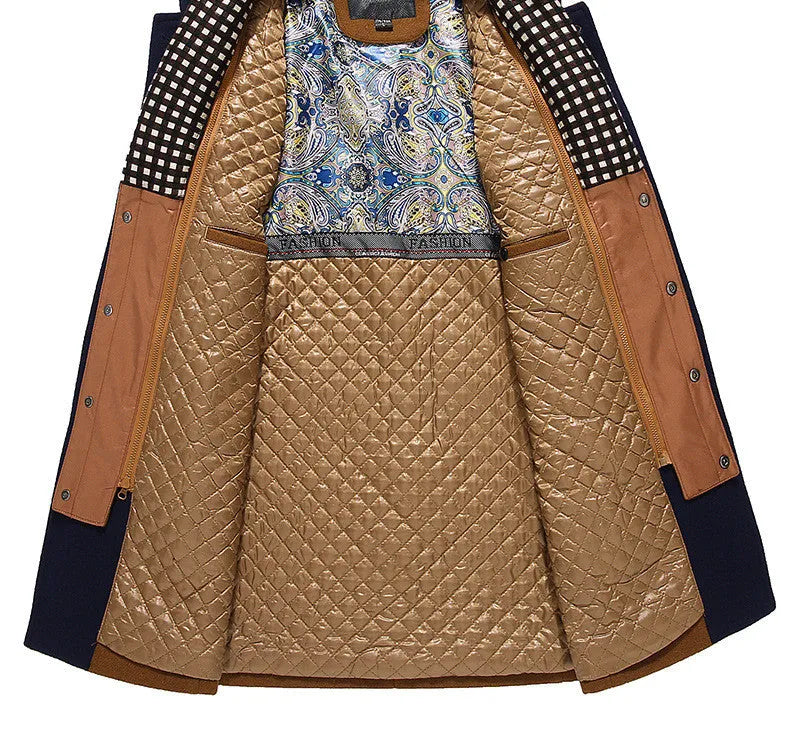 Men's khaki woollen overcoat with double collar and patch pockets
