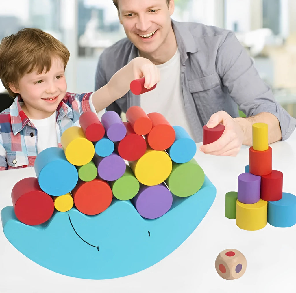 Wooden Moon balance toy in blue and yellow colours for toddlers aged 2-4 years