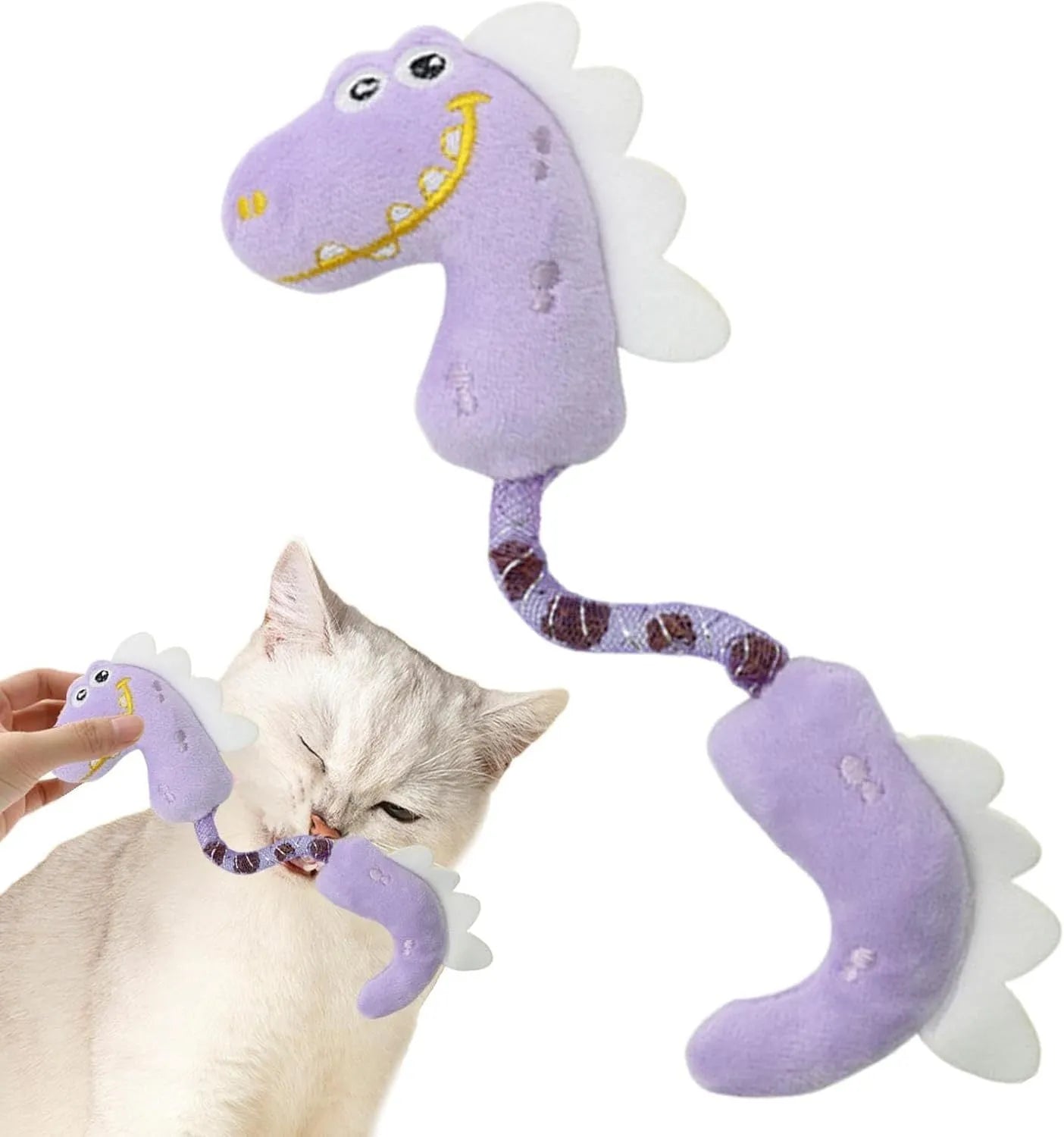 Set of cat toys including plush animals, rope toys, and springs on a pink background