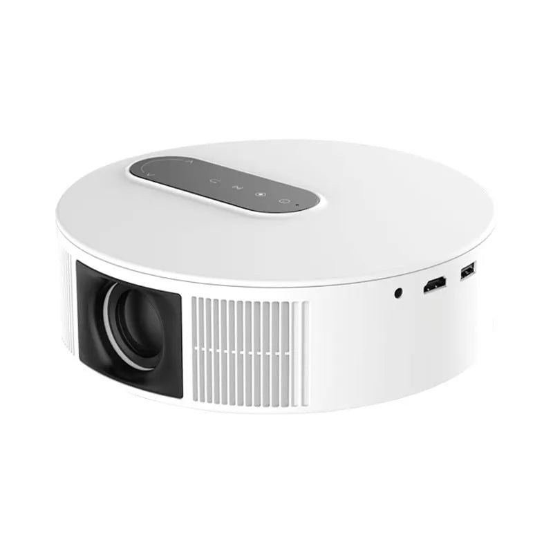 White HD home theatre projector with remote control showing 720p resolution display