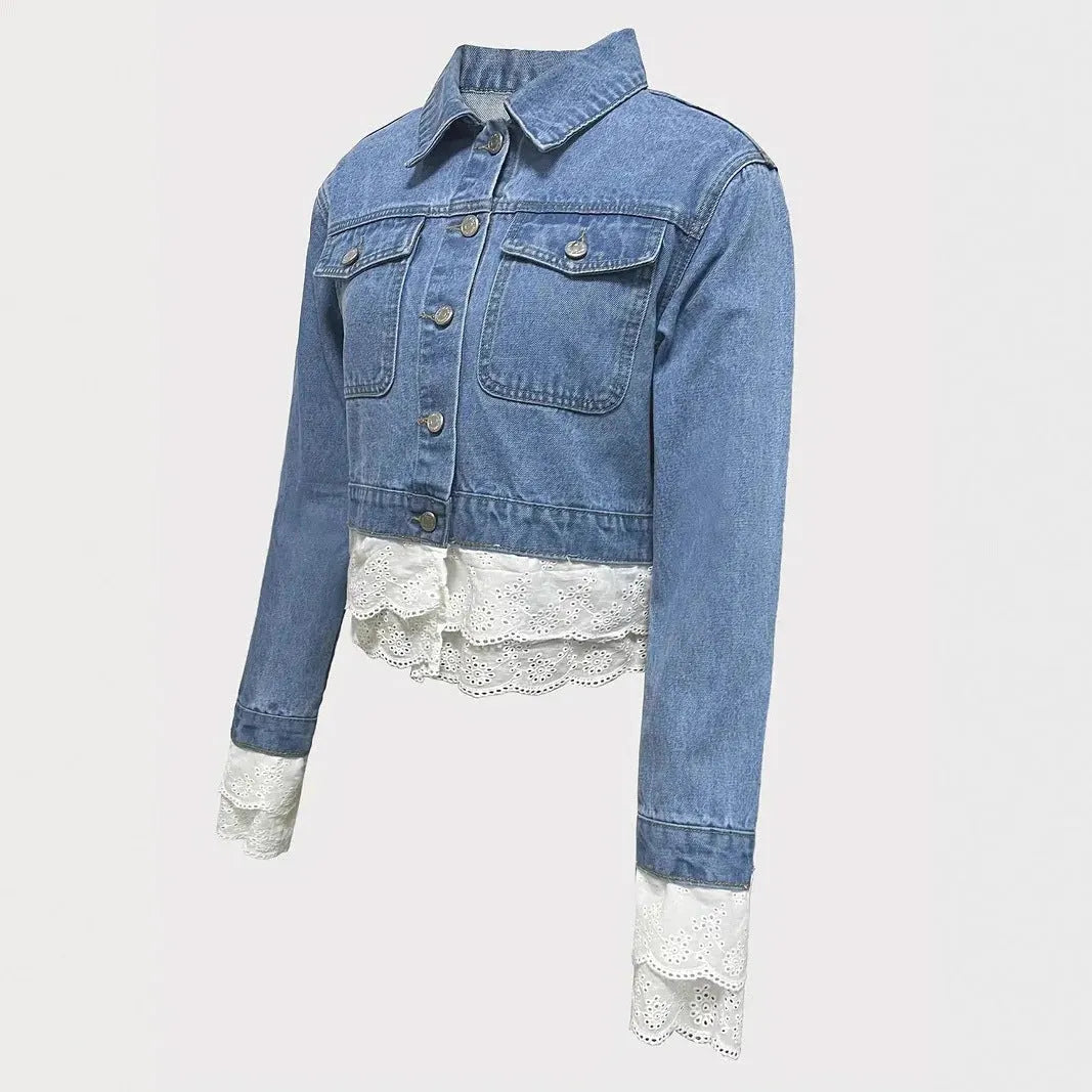 Blue denim jacket for women with lace stitching detail on the front, long sleeves.