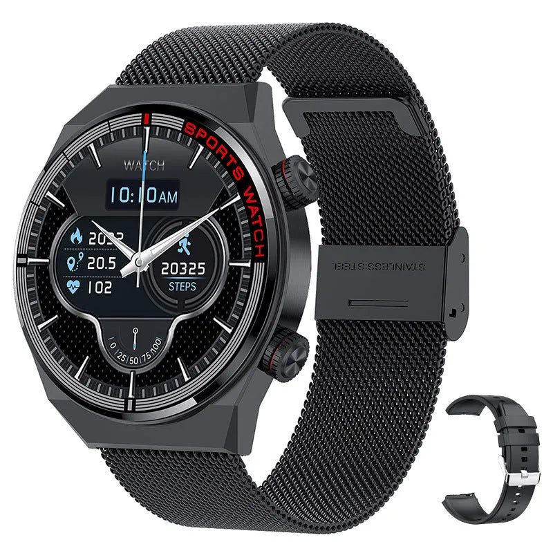 Black rotary key Bluetooth smart watch with brown genuine leather strap on a wrist.