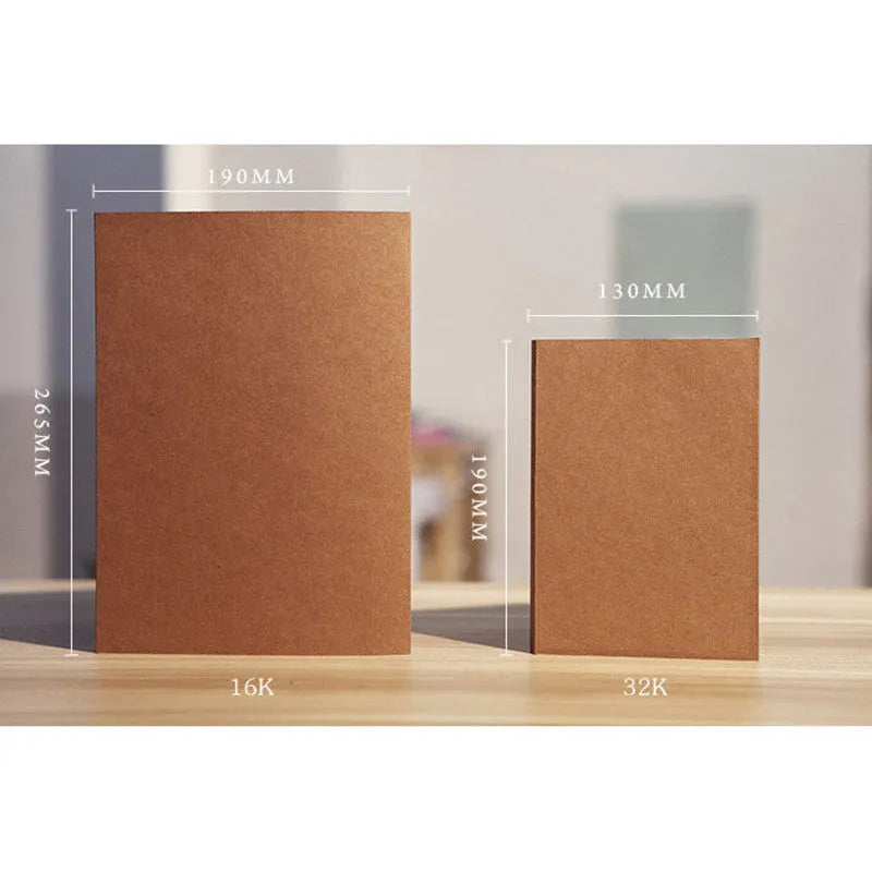 Brown kraft paper sketchbook with wireless binding open to show drawing pages