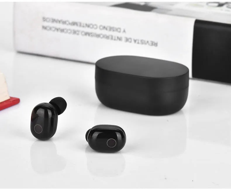 Wireless mini binaural headphones with charging case in black, Bluetooth 5.0, touch controls