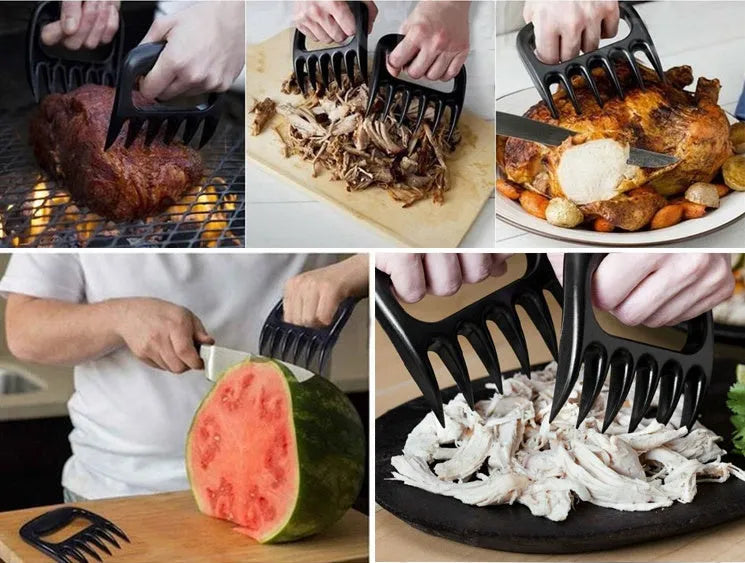 Black bear claw meat shredder fork for barbecue and kitchen use with decorative patterns.