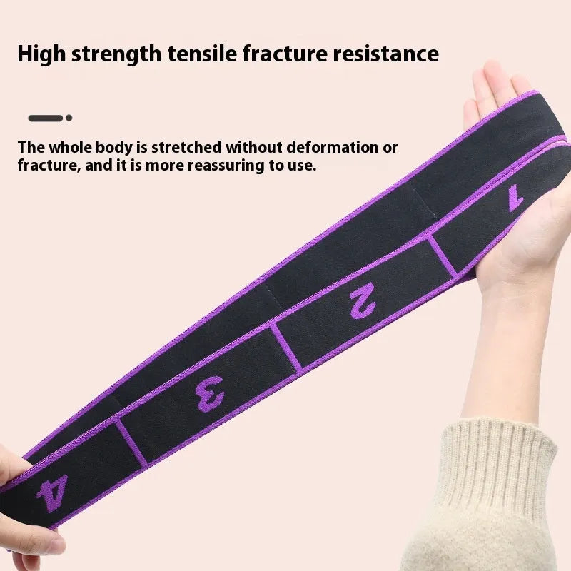 Yoga multi-section stretch strap in seven colour options with polyester cotton latex yarn construction