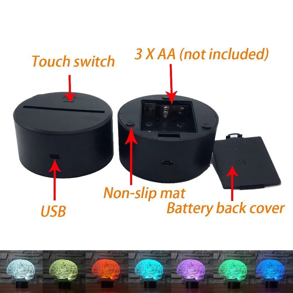 3D illusion LED desk lamp with acrylic plate on ABS base, showing remote control for colour change