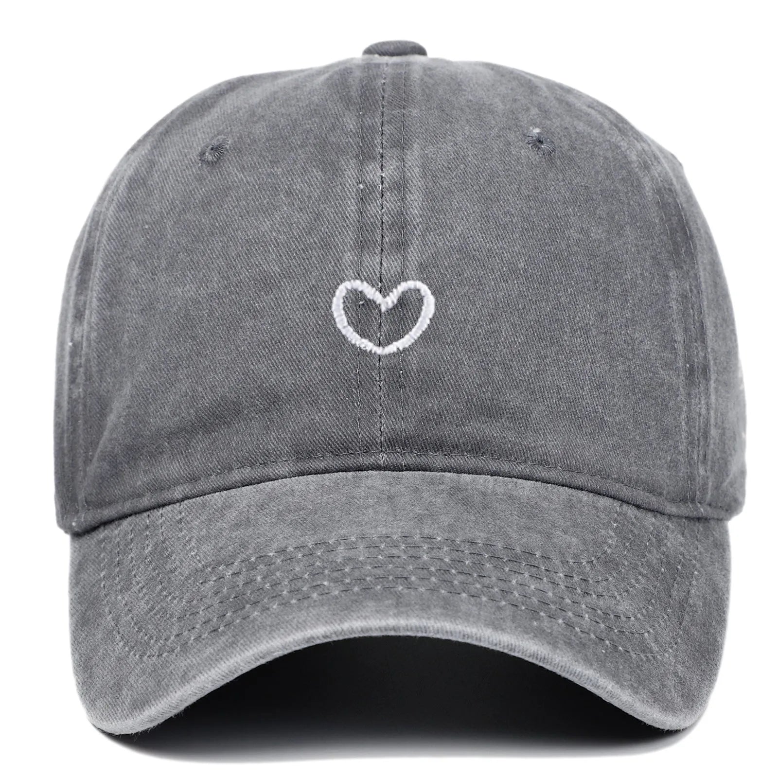 Adjustable cotton baseball cap featuring a distressed embroidered love heart on the front, shown in a selection of colours.