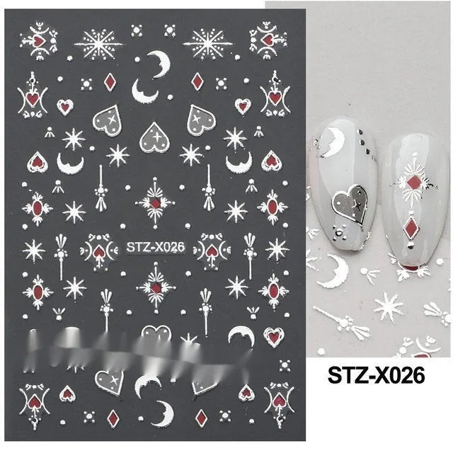 Cartoon nail art stickers sheet with black and silver love heart designs