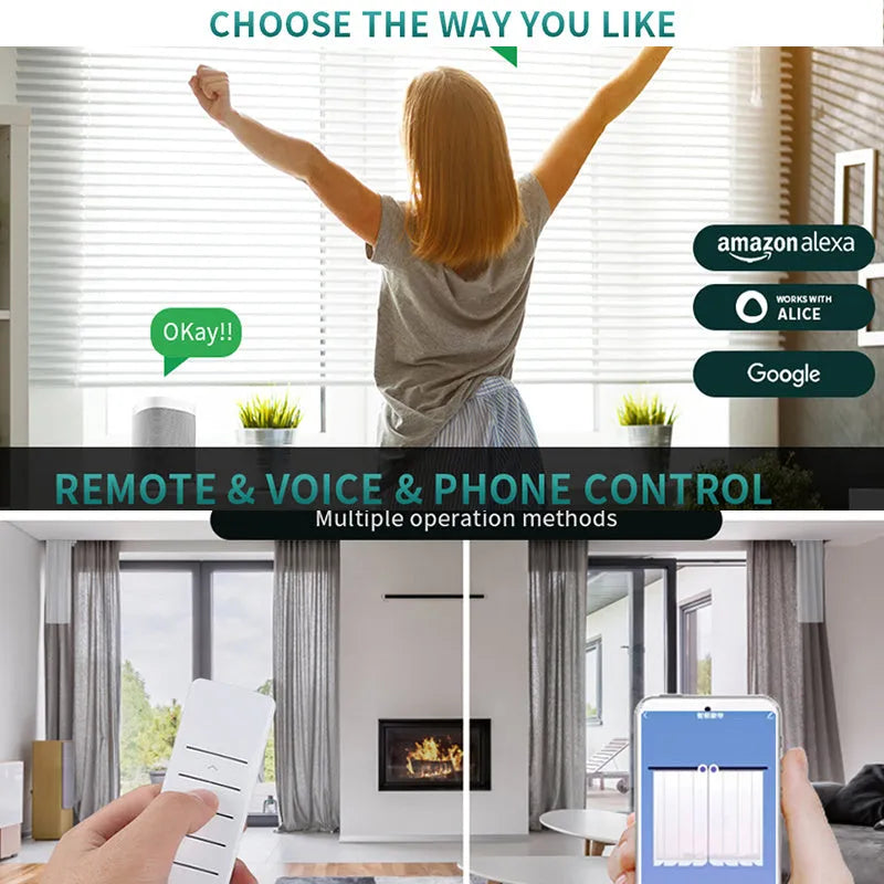 Smart curtain electric motor system with aluminium track and remote control for voice-operated automation