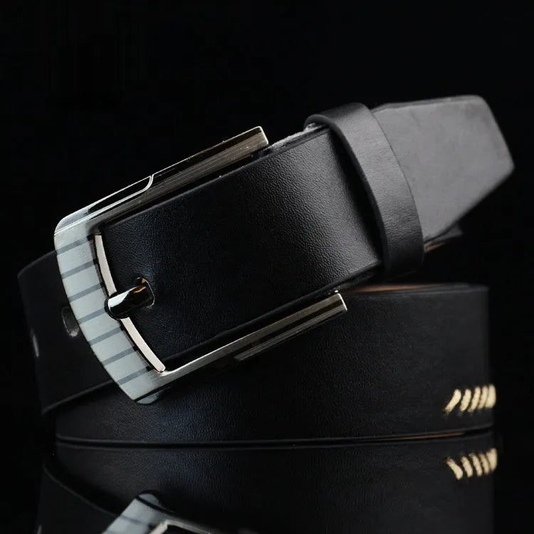 Men's imitation leather casual belt with alloy pin buckle in black, shown at 110cm length