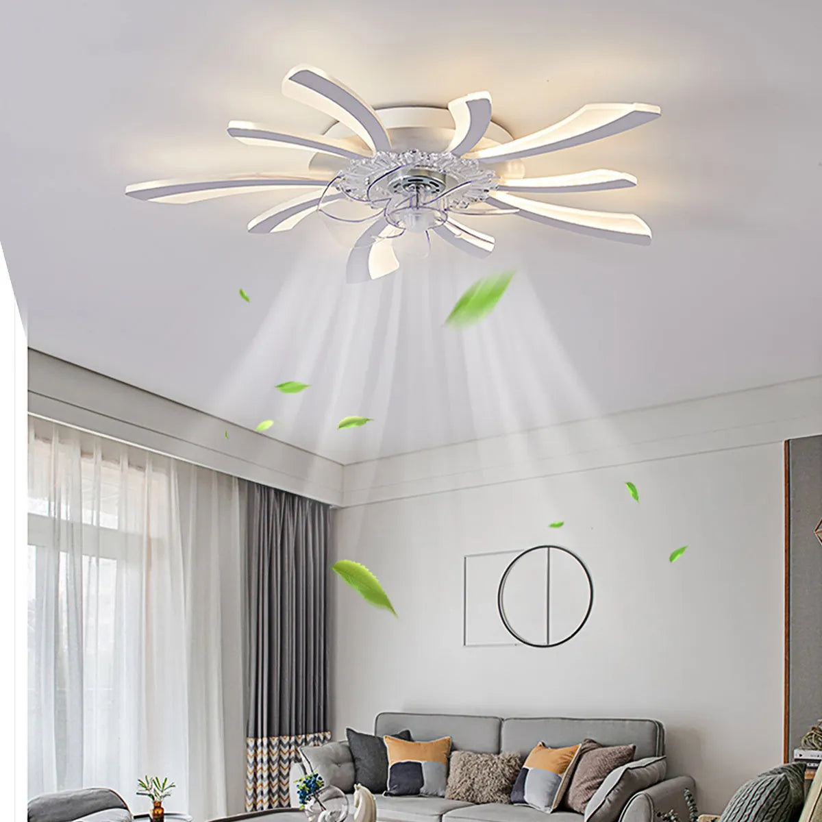 Modern white and black framed ceiling fan light with floral design blades and integrated acrylic light shade
