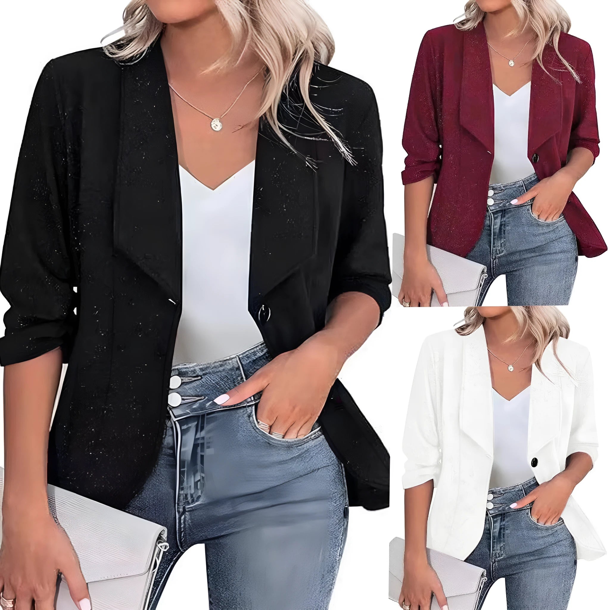 Women's slim-fitting black polyester cardigan jacket with long sleeves on a hanger.