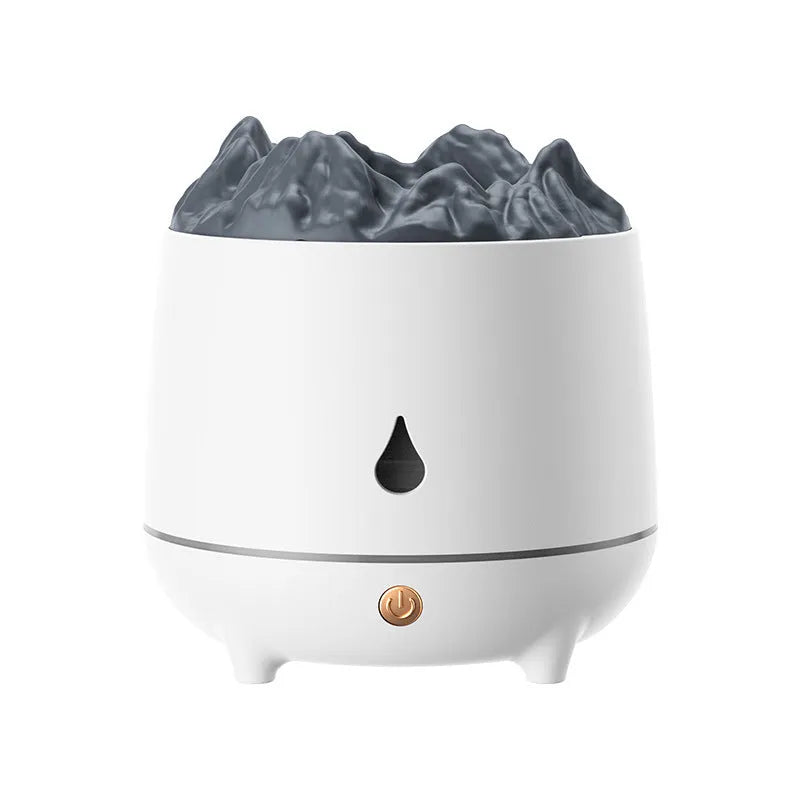 Volcano humidifier with flaming mountain design in black and white colour options