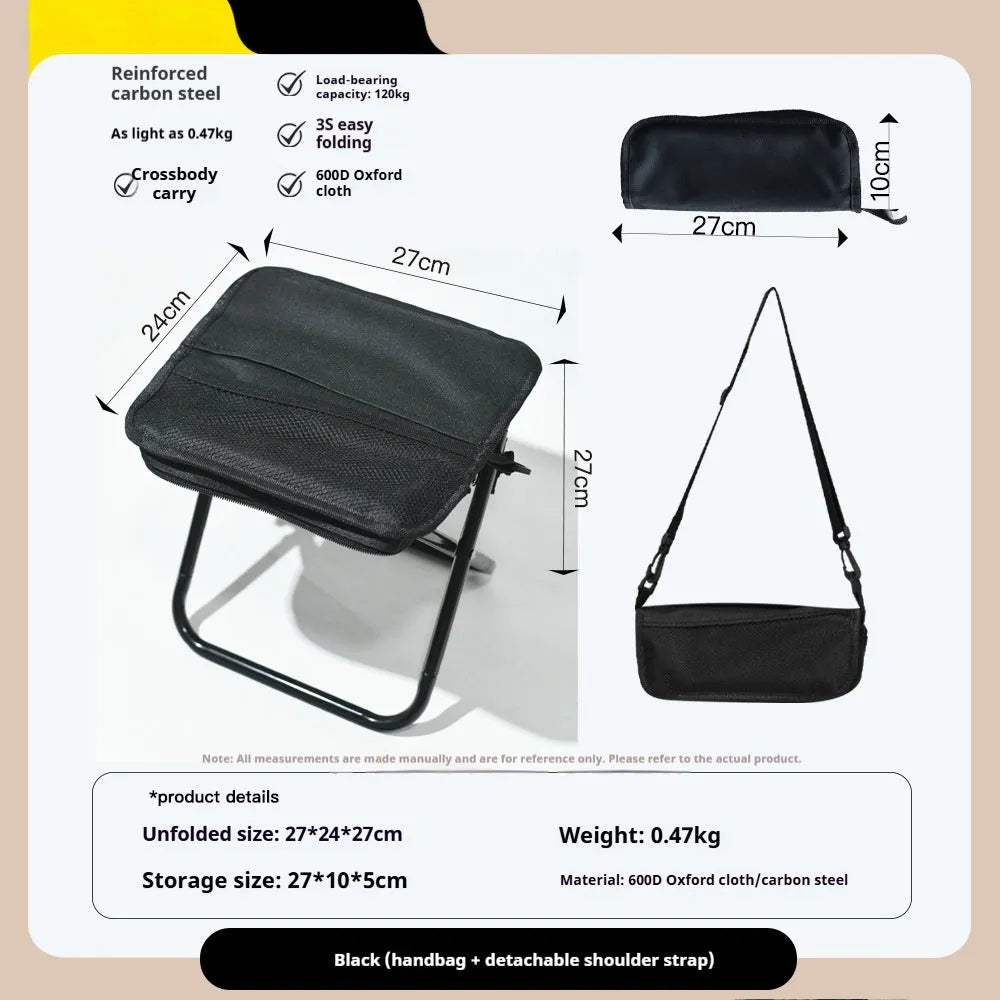 Lightweight foldable camp chair stool in Oxford cloth, shown in a khaki colour with carry handle.