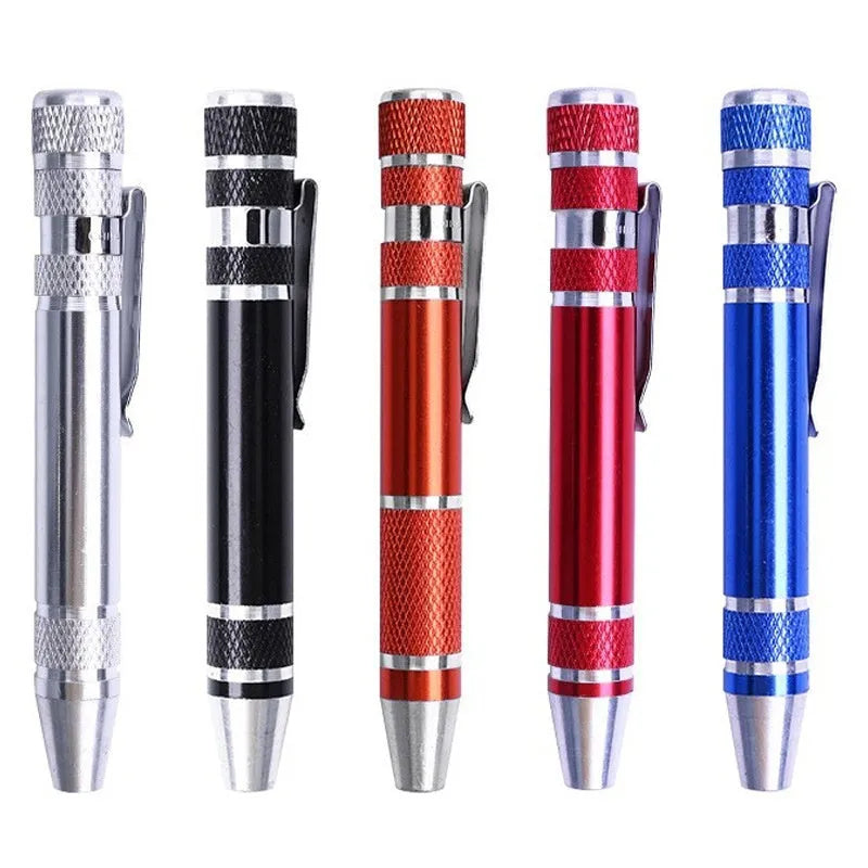 8-in-1 aluminium alloy pen-type screwdriver set with multiple coloured handles and chrome vanadium steel bits