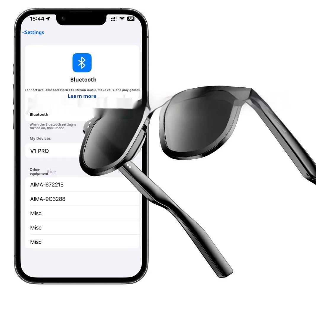 Black PC frame Bluetooth smart sunglasses with touch controls for audio and calls.