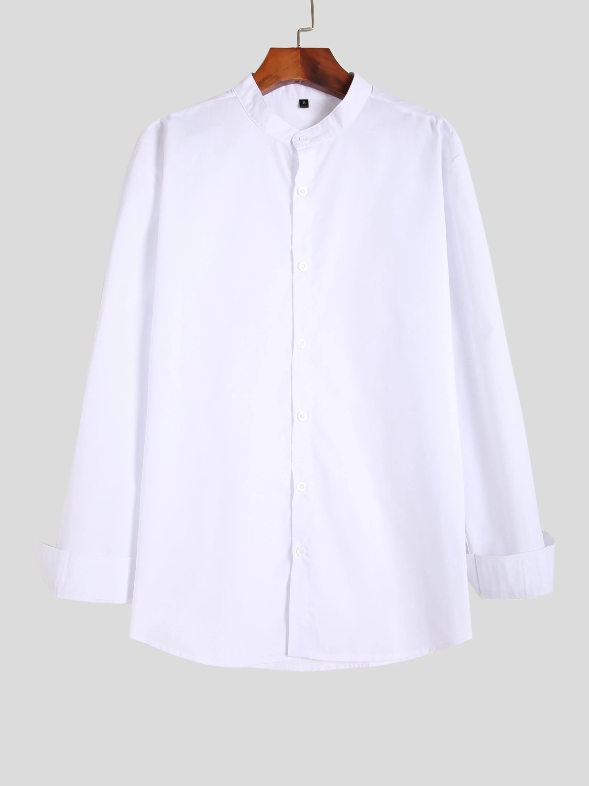 Stand-up collar white shirt for teenage men, long sleeves, slim fit, white colour