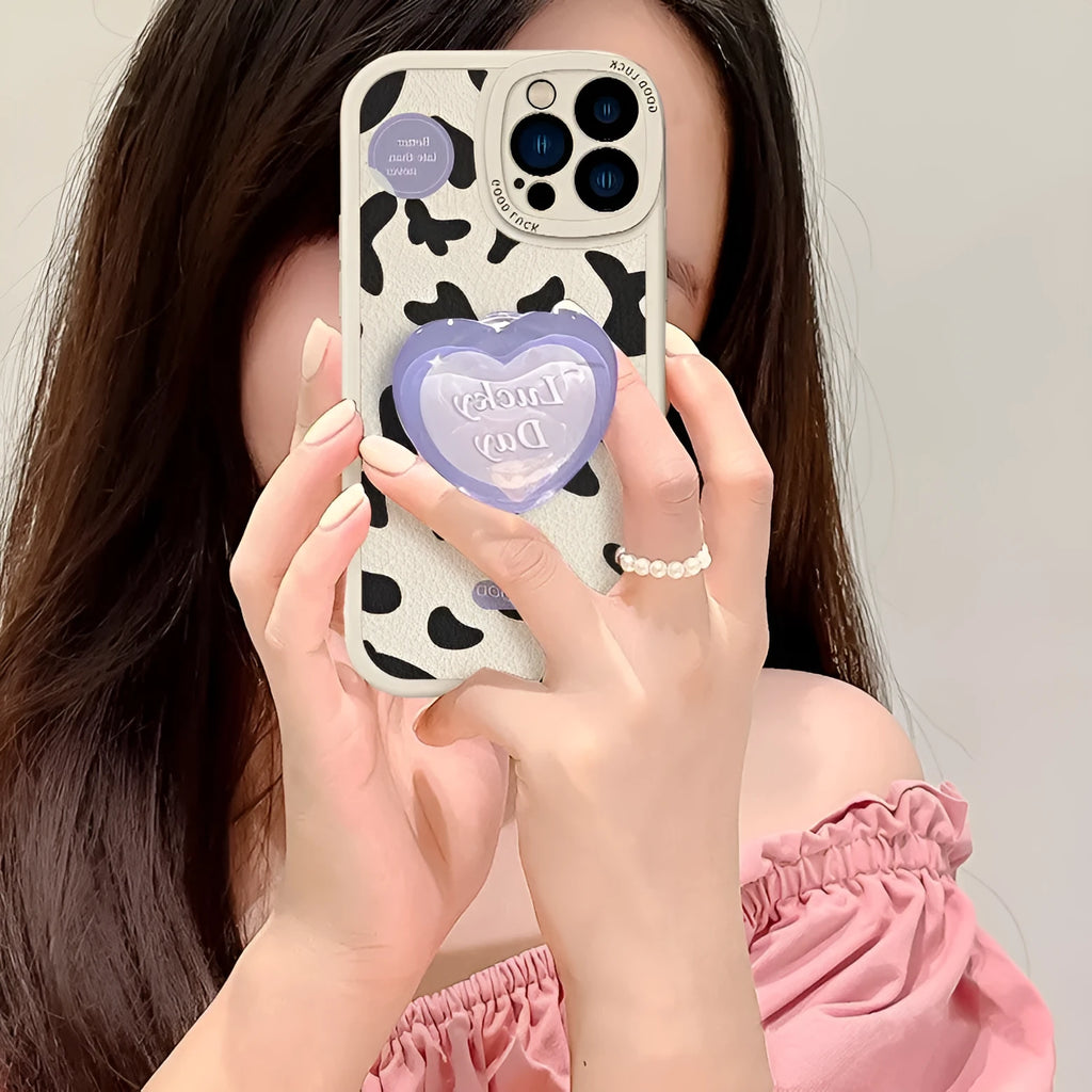 Love cows pattern phone case with bracket in antique white for iPhone