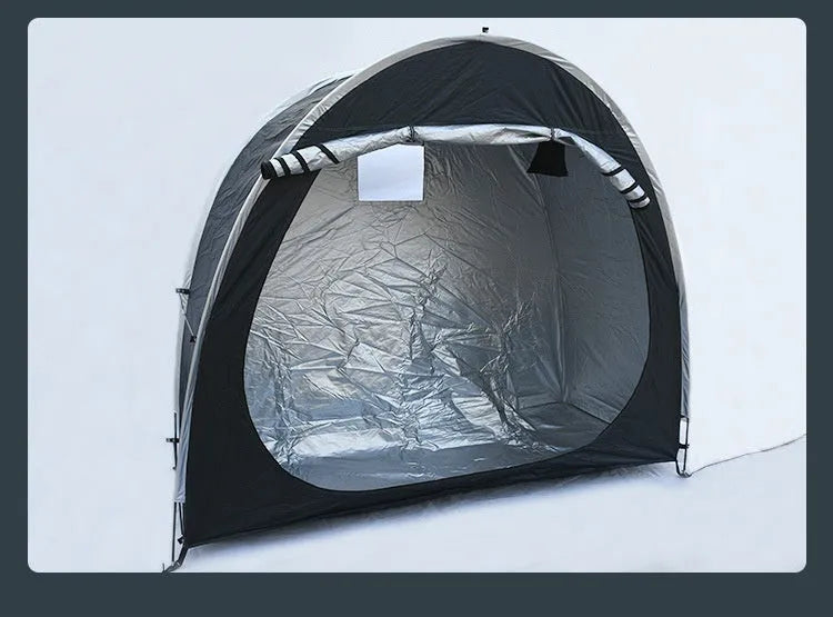 Large black outdoor bicycle storage tent with roof design, shown with dimensions 185x65x165cm.