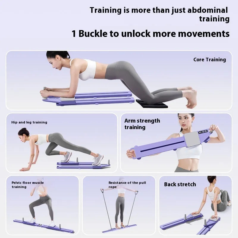 A purple split multifunctional skiing machine trainer (supine board) on a floor, showing its 85cm length.