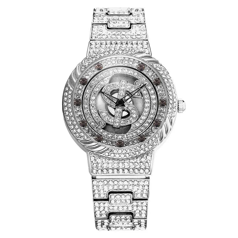 Gold women's rotating dial quartz watch with diamond decoration, 28mm round metal case, cowhide strap, mineral glass