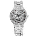 Gold women's rotating dial quartz watch with diamond decoration, 28mm round metal case, cowhide strap, mineral glass