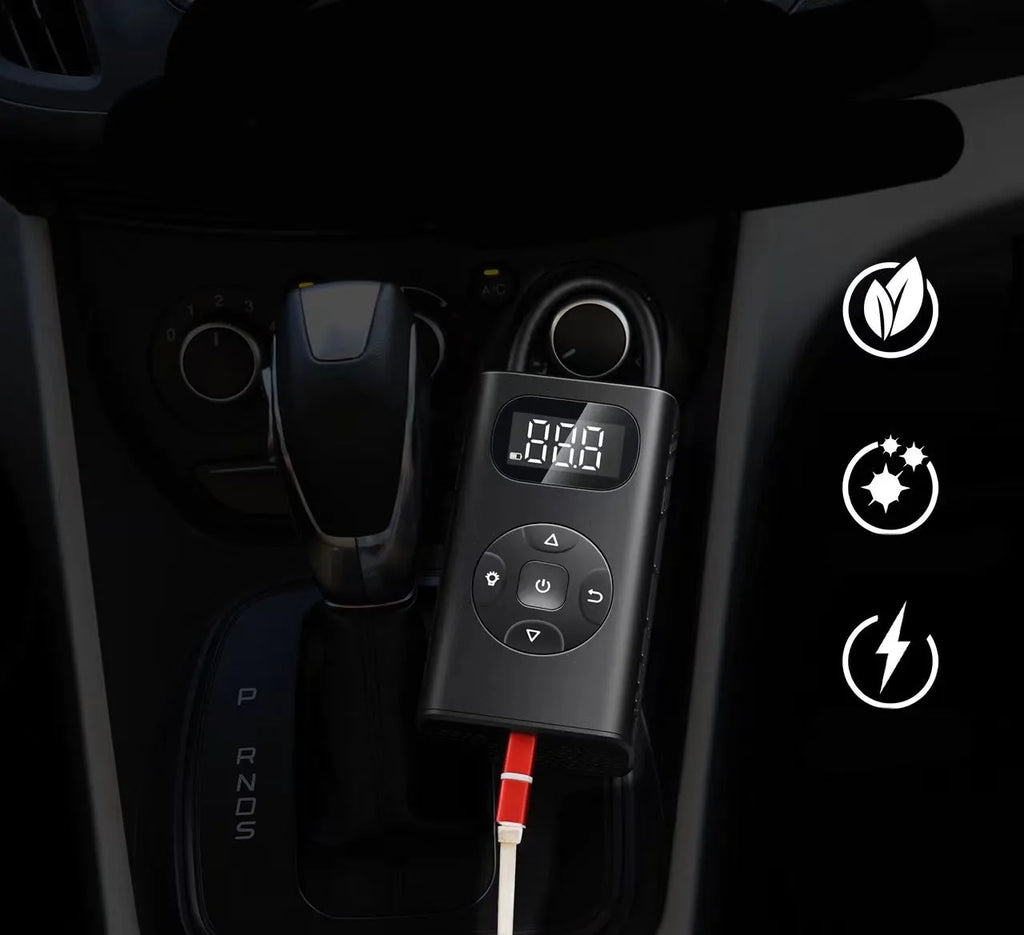 Black aluminium portable air compressor power bank for car and motorcycle tyre inflation.