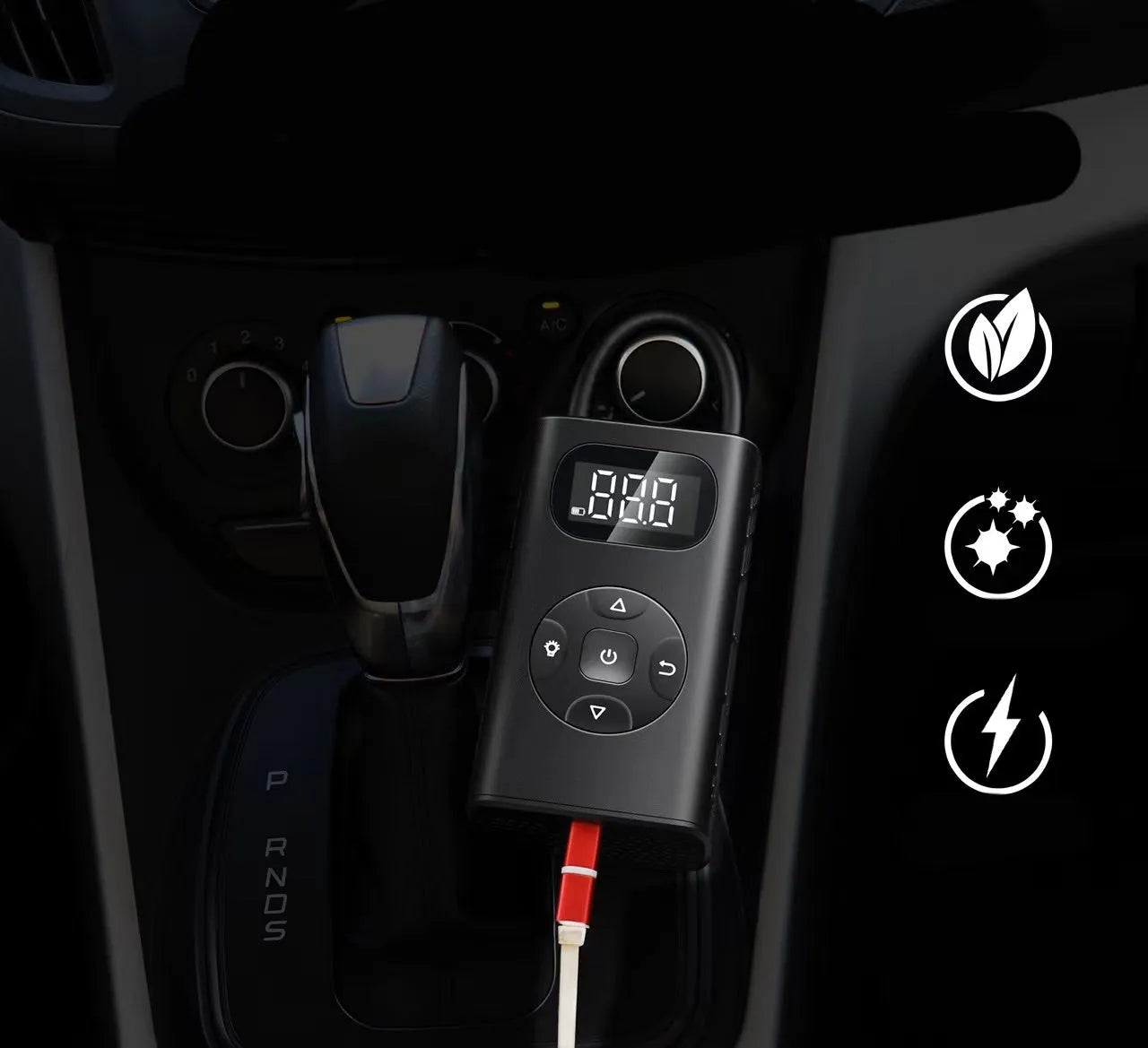 Black aluminium portable air compressor power bank for car and motorcycle tyre inflation.