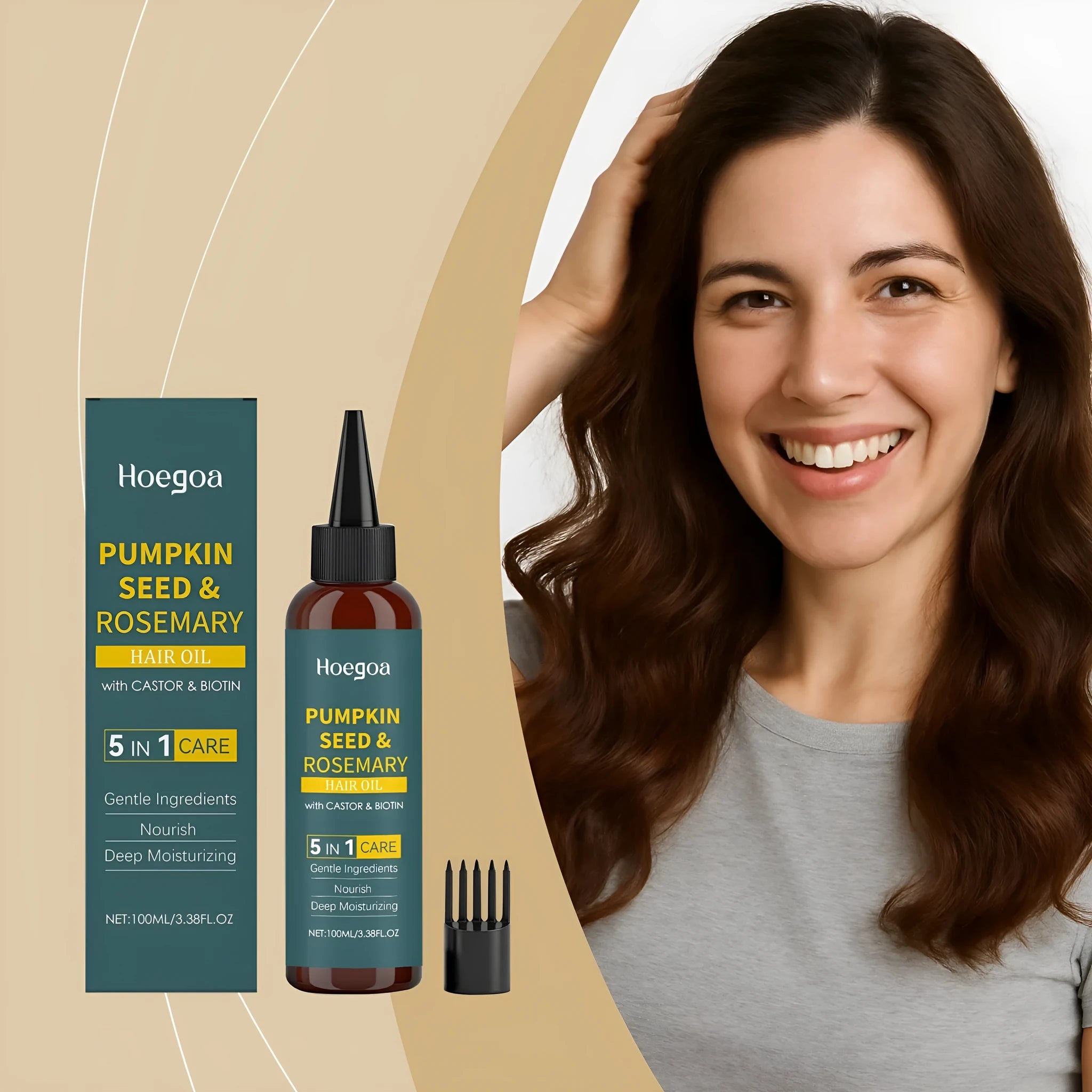 100 ml bottle of rosemary hair care essential oil with pointed applicator and hair comb on a white background.
