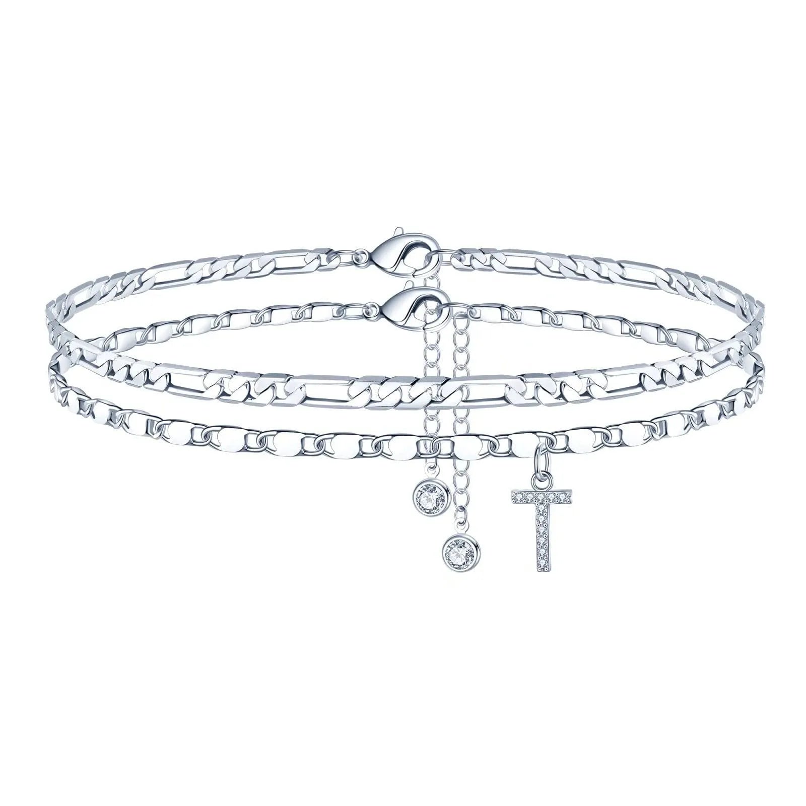 Silver-coloured copper anklet with a double-circle bead engraved with a letter.
