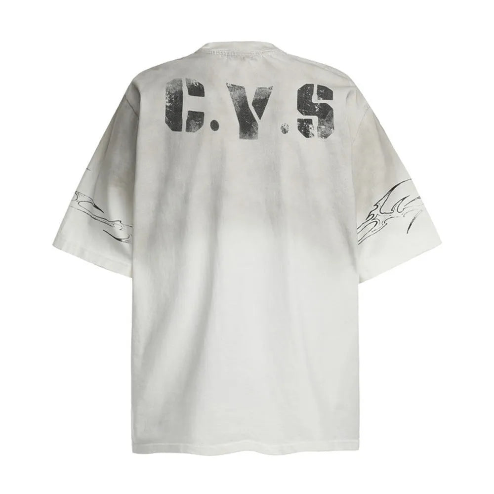 Men's black and white pure cotton short-sleeved T-shirt with a printed design.