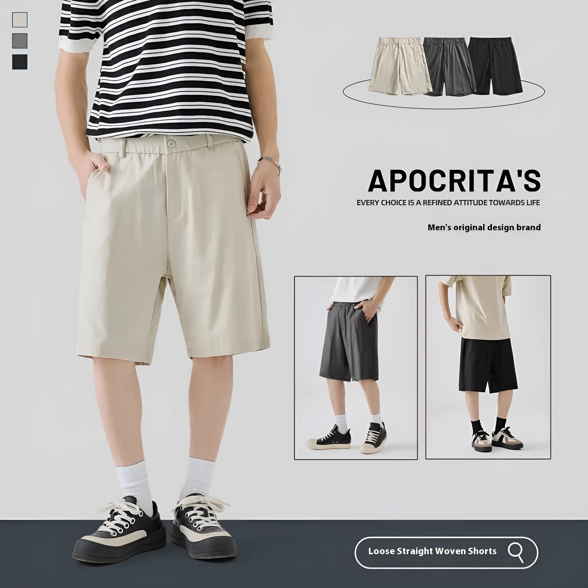 A man wearing loose-fit apricot casual shorts made from a cotton blend fabric.