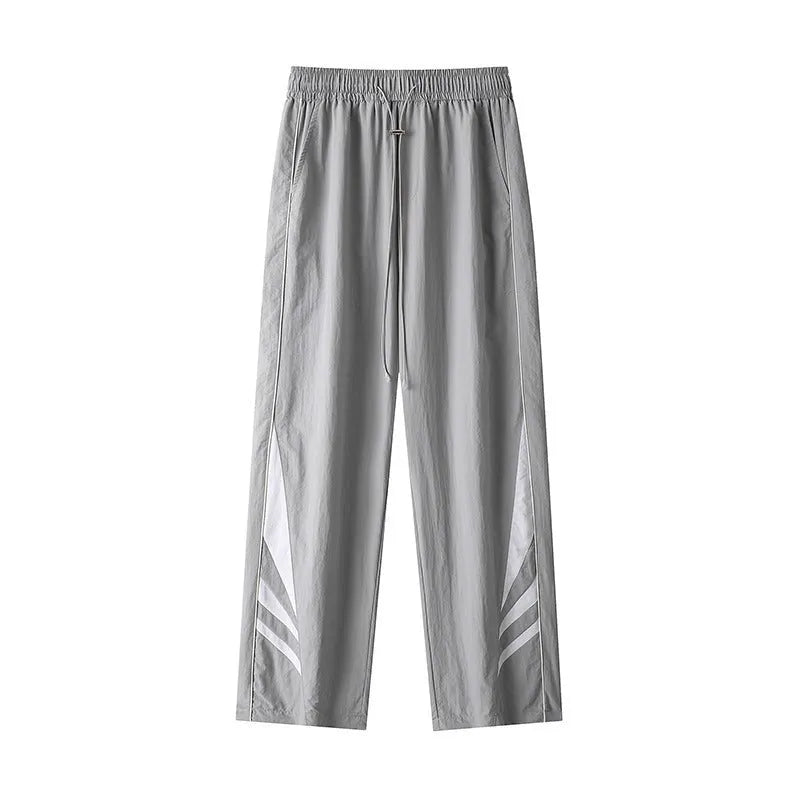 Men's straight leg summer trousers in black and gray colours with elastic waistband